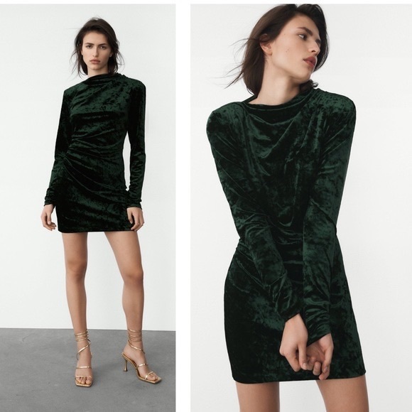Zara Dresses Zara Green Velvet Shoulder Pad Draped Dress Poshmark